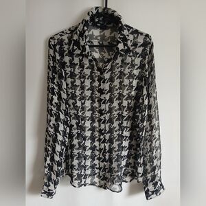 Karen Kane Black & Beige 100% Silk Semi Sheer Houndstooth Blouse SzL